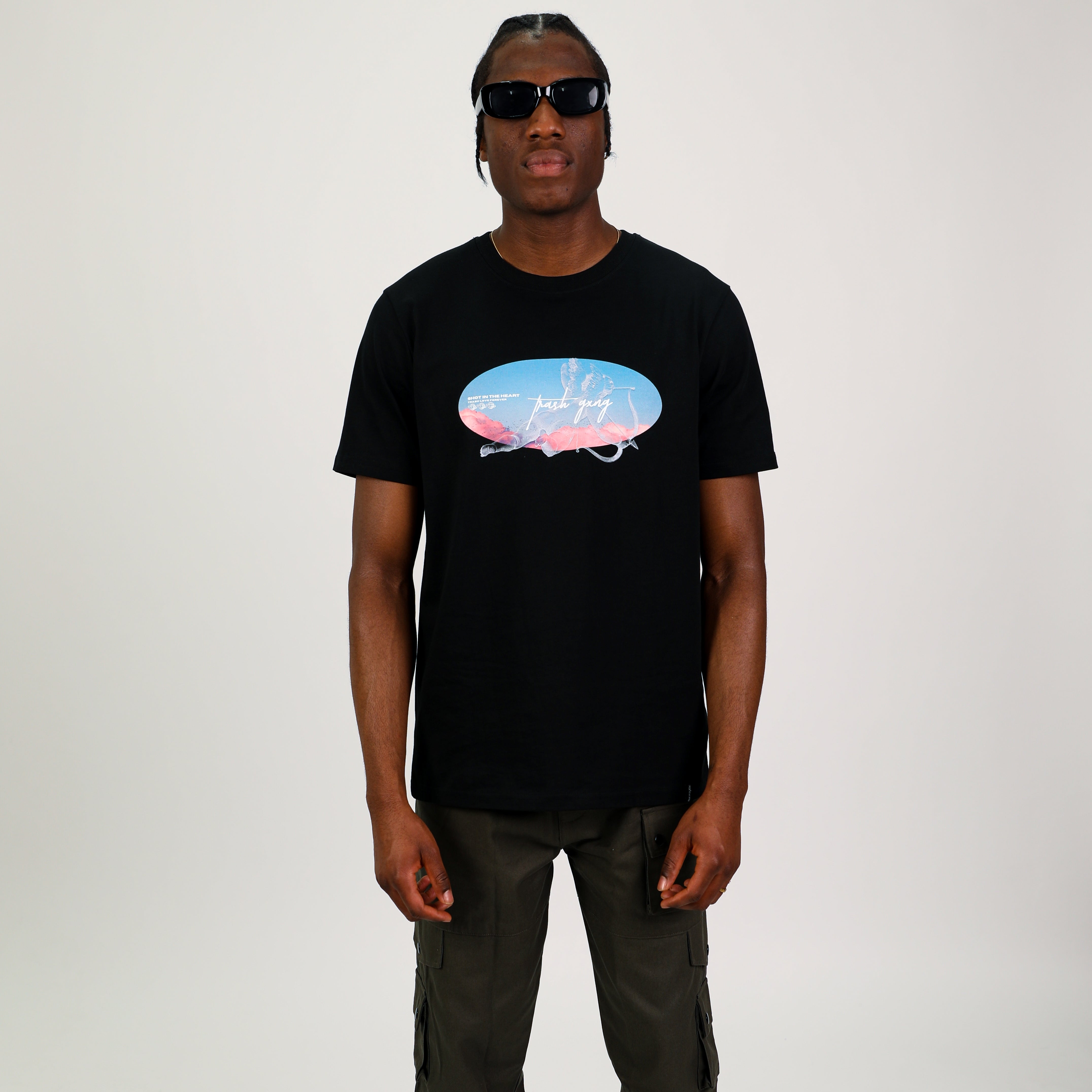 Front View of Model wearing 'In the Heart' Black Heavy Cotton Oversized Tee