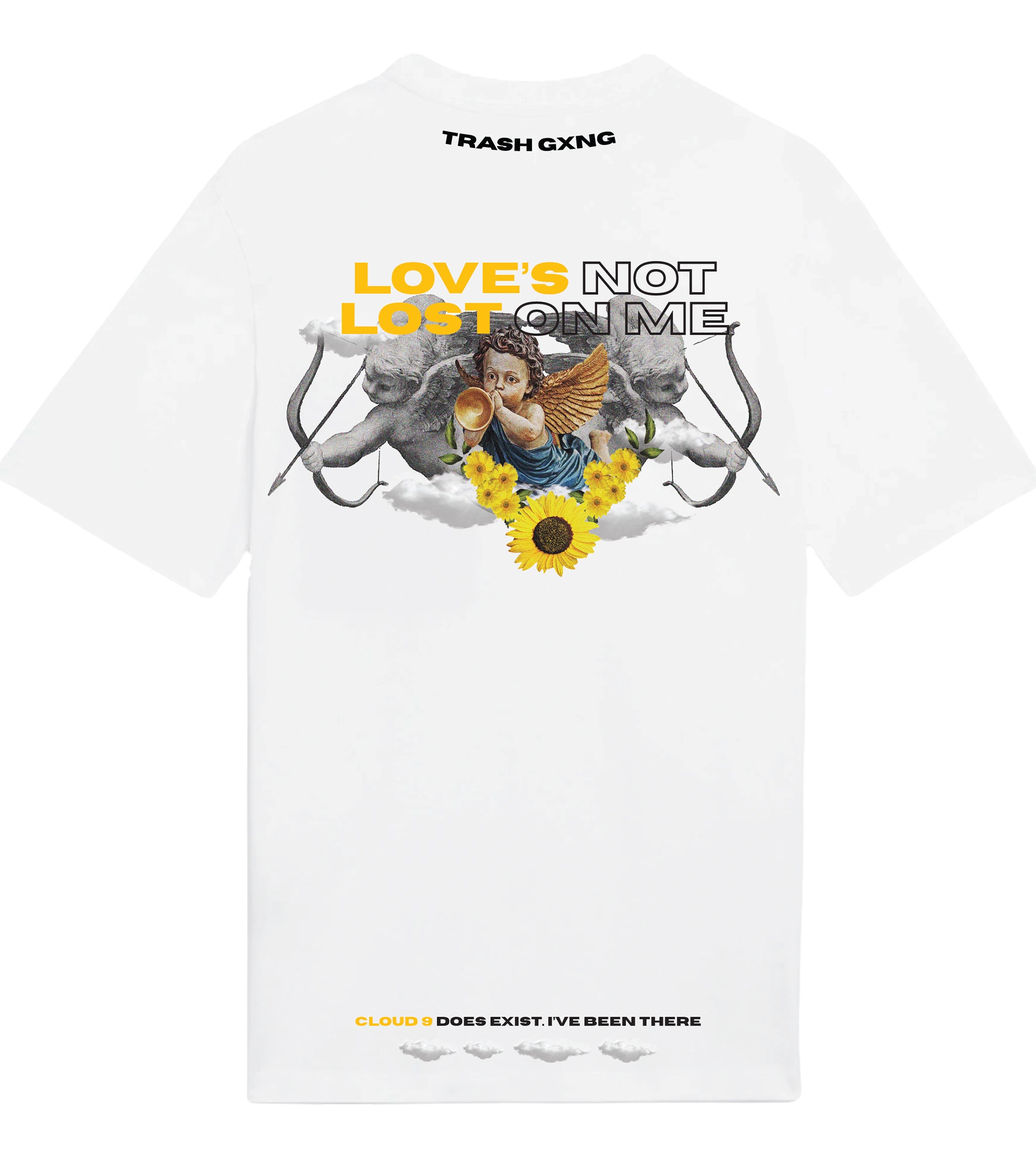 Back view of Love Lost White Heavy Cotton Oversized Tee with graphic design