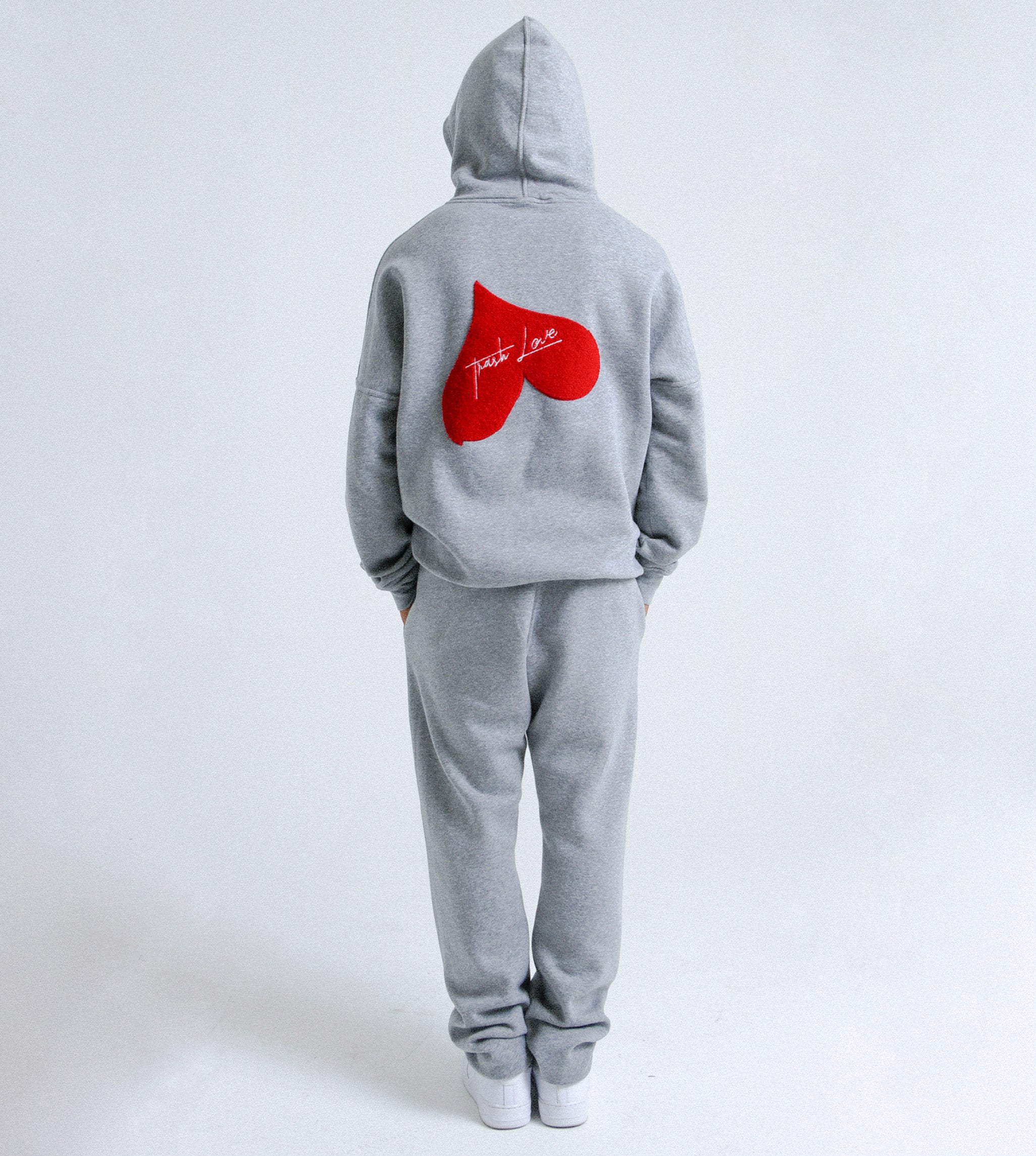 Back view of 'OG Love' Cotton Hoody featuring large chenille love heart embroidery
