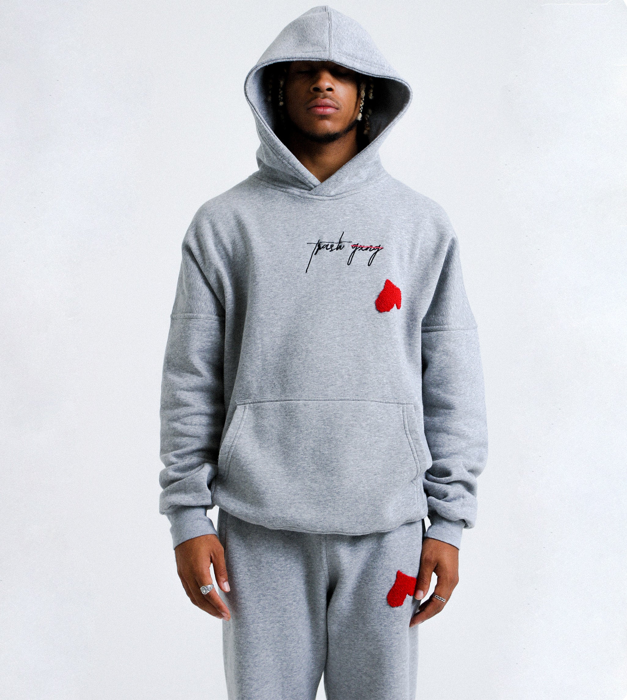 Front close up view of 'OG Love' Cotton Hoody with towel-like heart logo embroidery