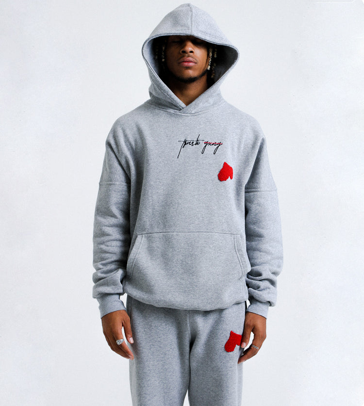 Front close up view of 'OG Love' Cotton Hoody with towel-like heart logo embroidery
