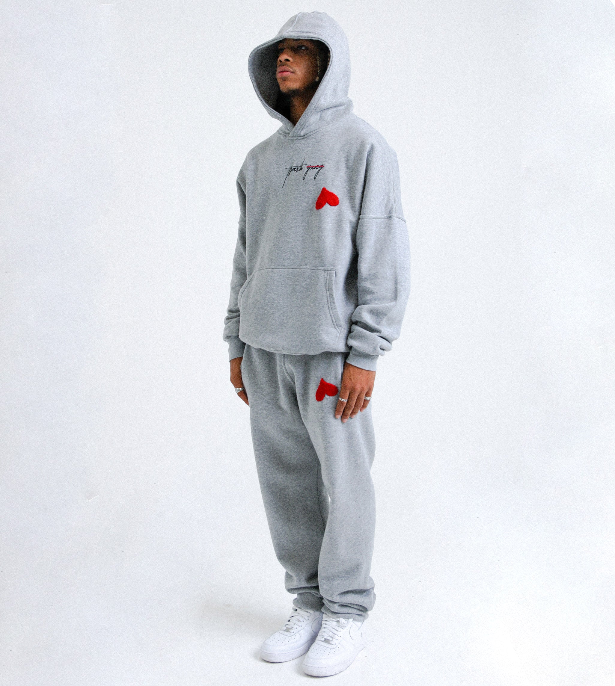 Front view of 'OG Love' Cotton tracksuit with towel-like heart logo embroidery