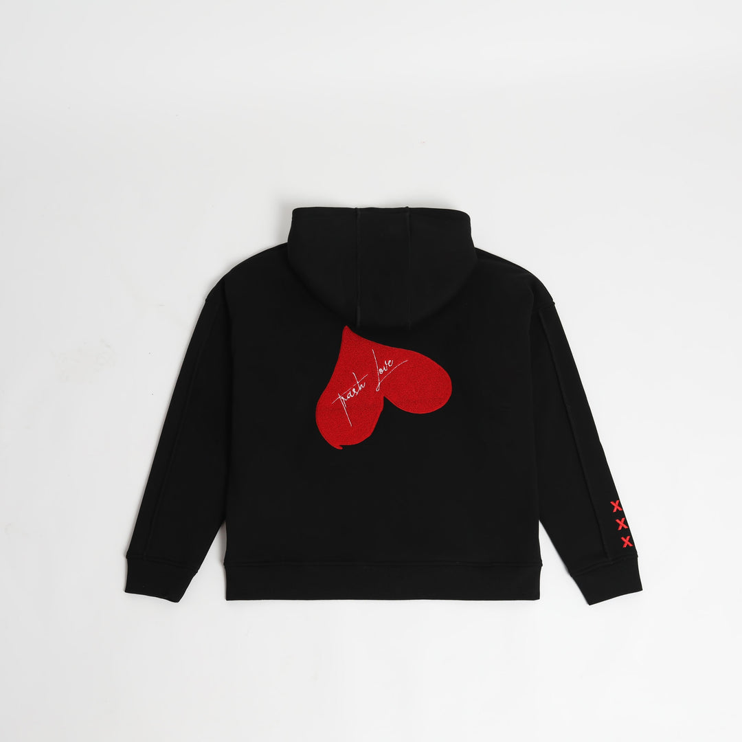Back view of 'OG Love' Cotton Hoody featuring large chenille love heart embroidery