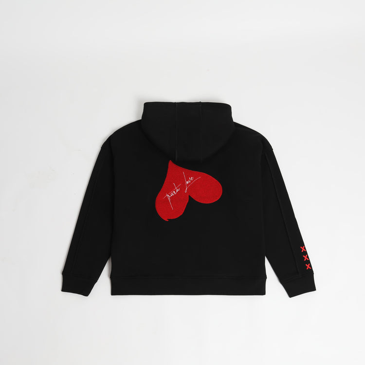 Back view of 'OG Love' Cotton Hoody featuring large chenille love heart embroidery