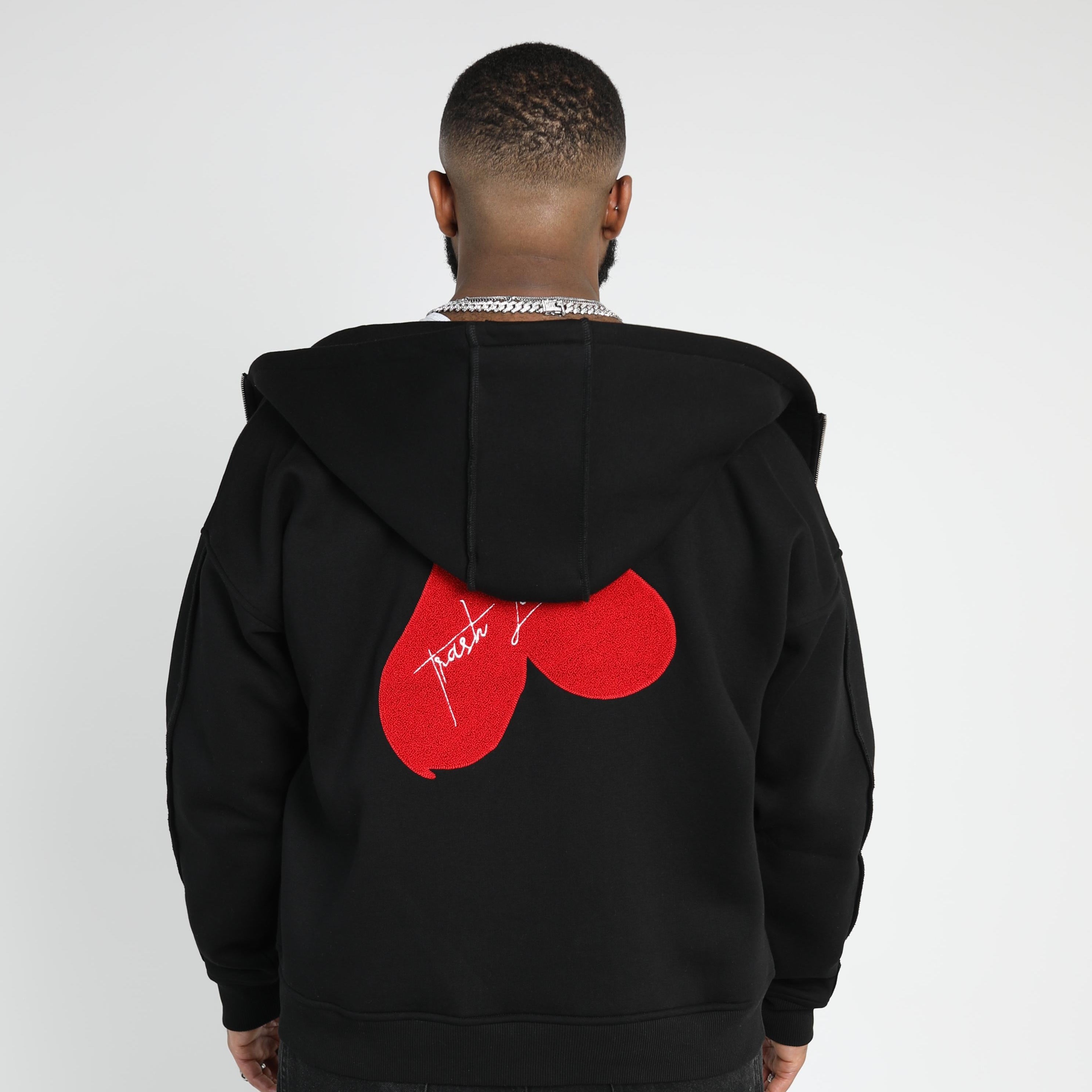 Back view of 'OG Love' Cotton Hoody featuring large chenille love heart embroidery