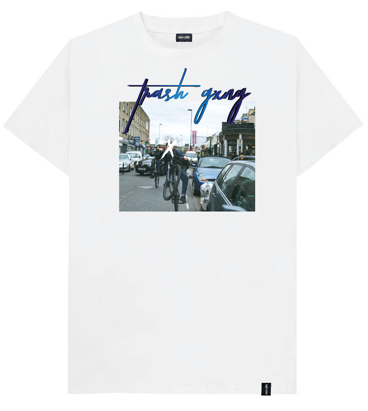 Front view of London Vice X Blue Reflective Tee with unique London riders print and reflective 'X'"