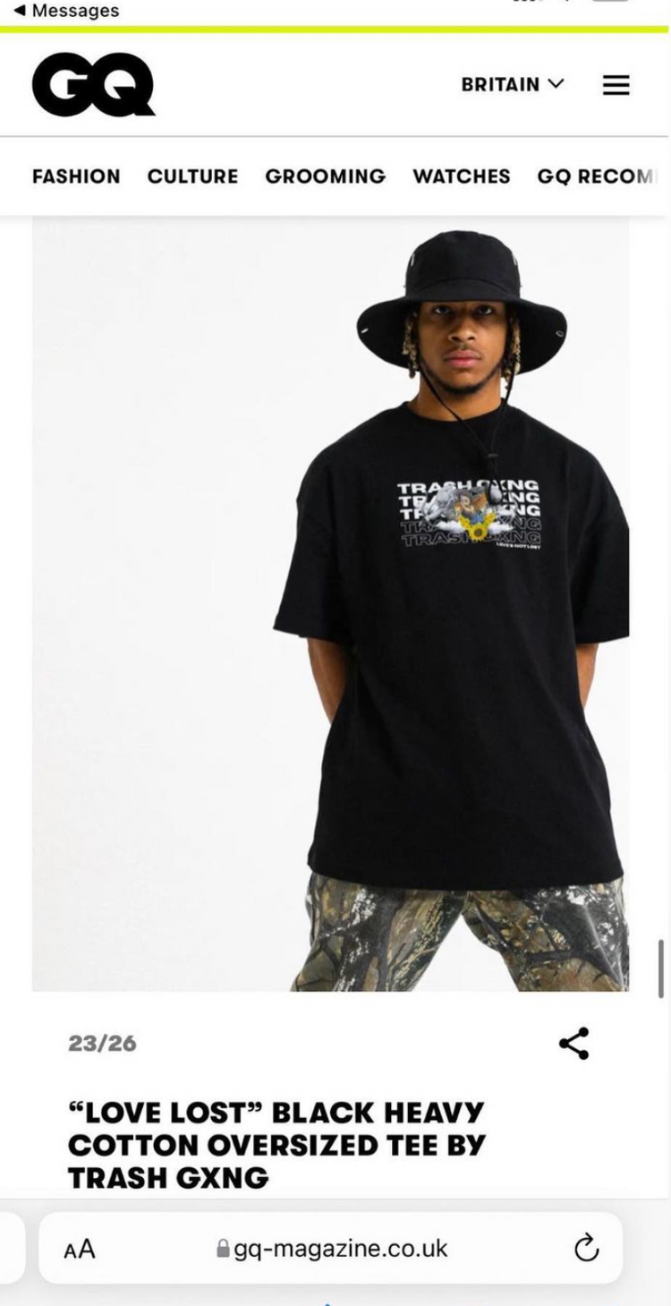 Trash Gxng x British GQ feature, 'Love Lost' Black Heavy Cotton Oversized Tee